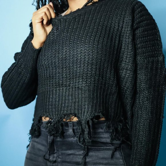 Women Long Sleeve Distressed Fall Sweater Pullover Black - Picture 2 of 3